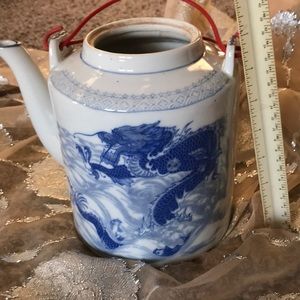 Chinese blue and white dragon and carp tea pot